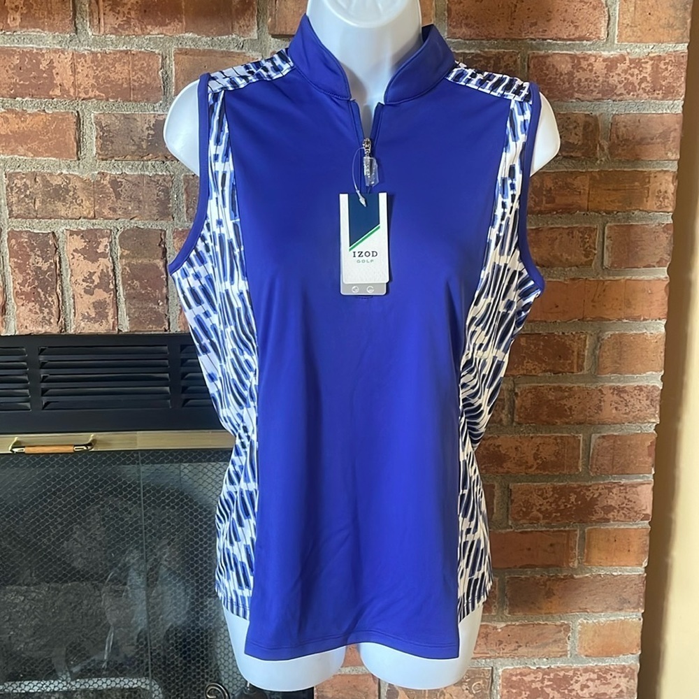 NWT Izod Golf Royal Blue Sleeveless Print Pierced Mandarin Polo